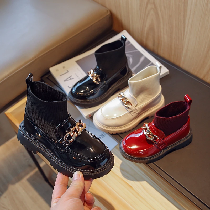 Girls' Metal Chain Decorative Leather Boots Winter Flying Stitching Princess Boots Children's Leather Soft-soled Socks Boots