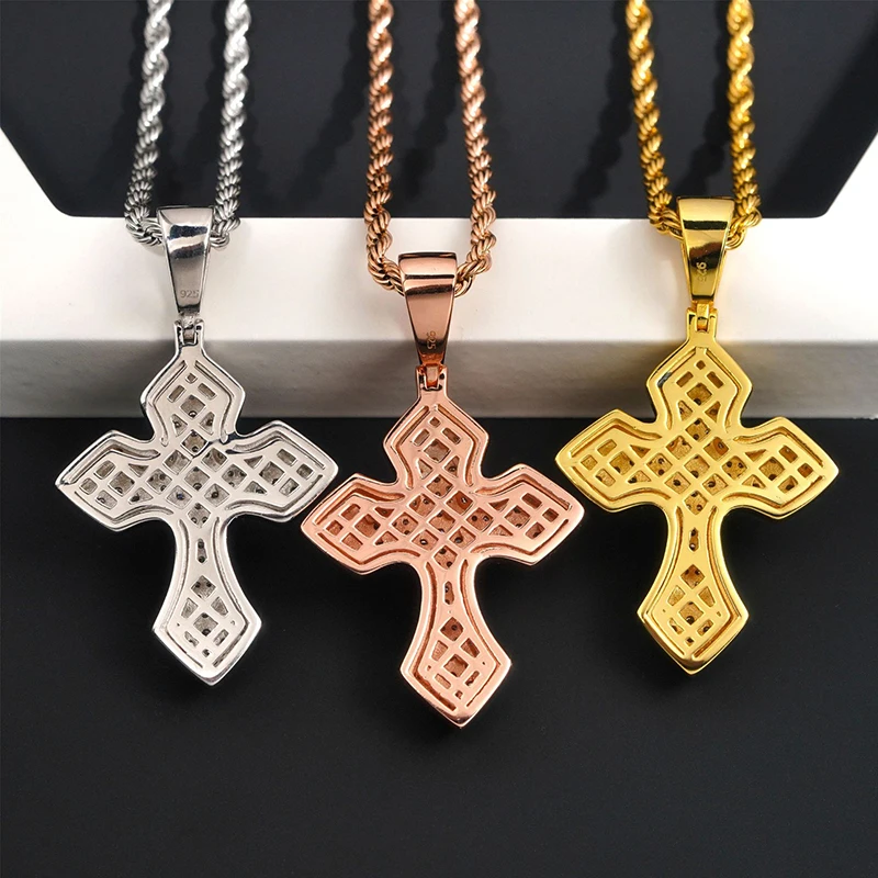 925 Sterling Silver Moissanite Paved Bling Iced Out Cross Pendant Necklaces For Men Hip hop Rapper Jewelry