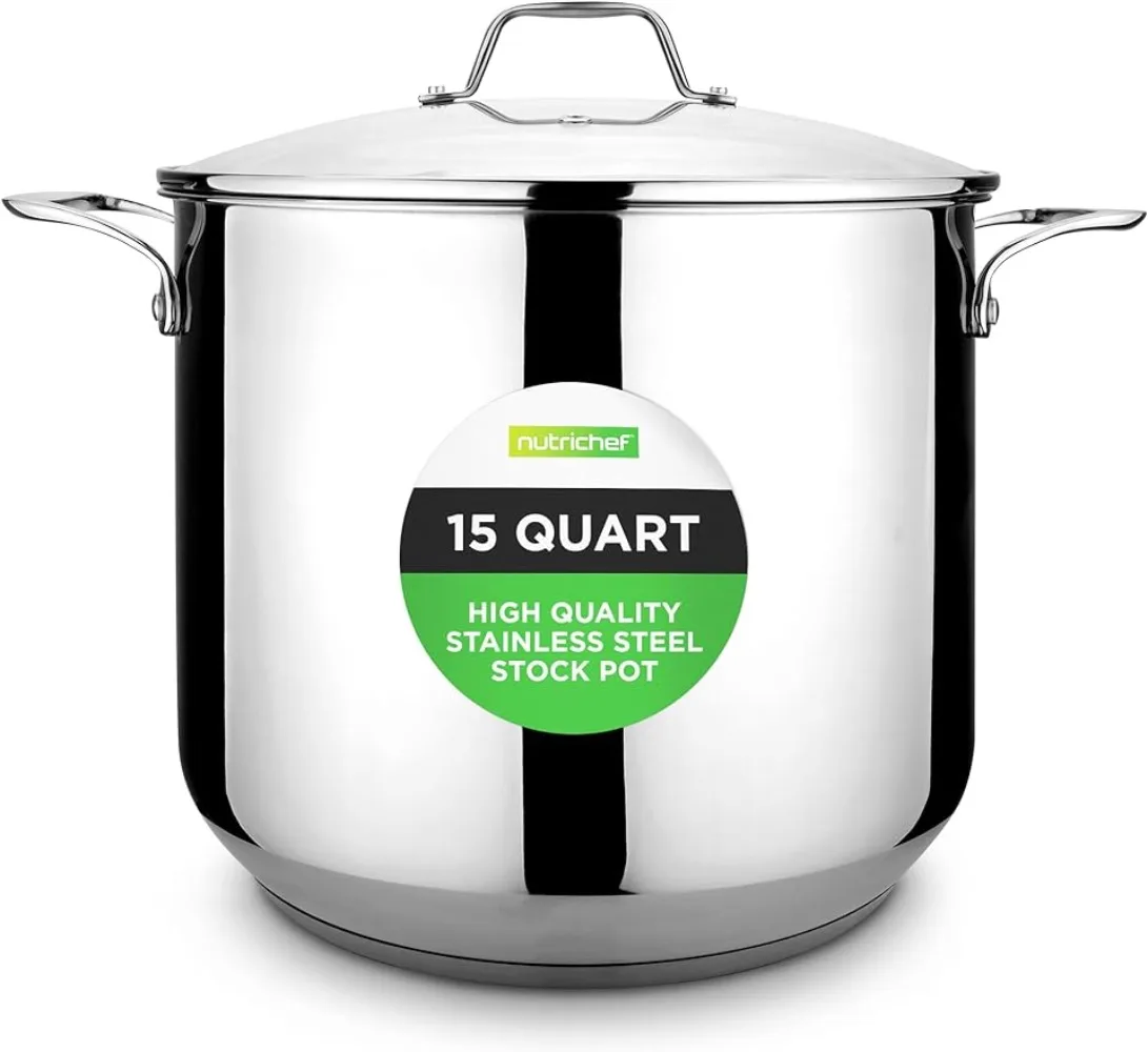 

Stainless Steel Stock Pot-18/8 Food Grade Heavy Duty Induction-Large, Stew, Simmering, Soup See Through Lid, 15 Quart Pot
