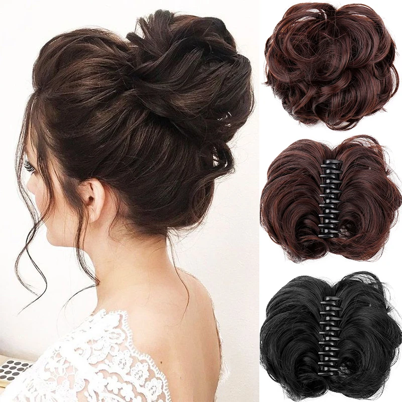 Women's Hair Bun Synthetic Bands Short Curly Chignon Hairpins Claw In Hairpieces for Fake False Hair Scrunchy Black Brown