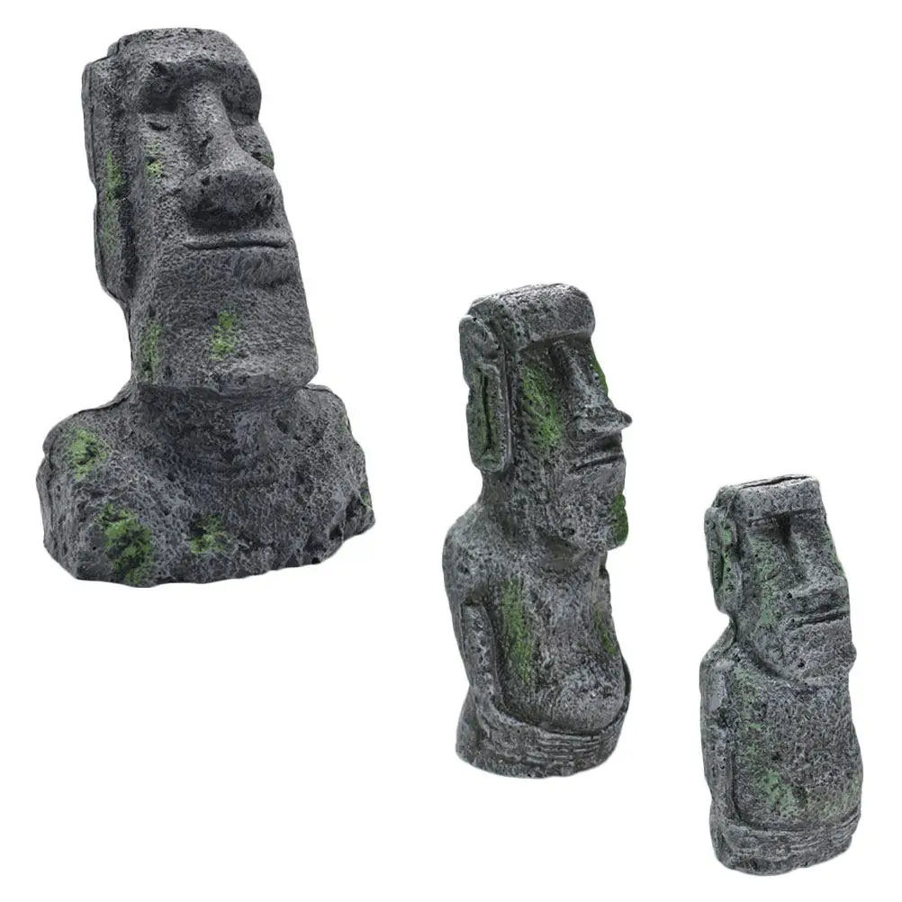 3Pcs Resin Moai Statues Aquarium Decoration Stone Head Fish Tank Landscaping Ornament Realistic Water