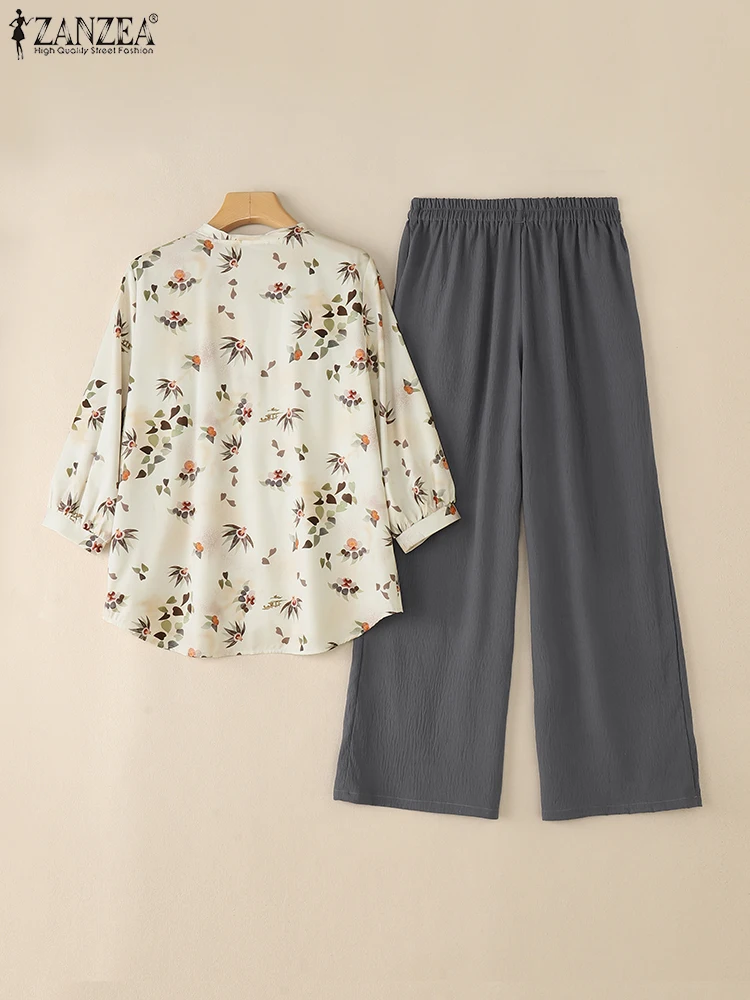 ZANZEA-Conjuntos de pantalones de moda informales para mujer, camisas con estampado Floral de manga 3/4 y pantalones largos con cintura elástica, trajes de 2 piezas, otoño 2025