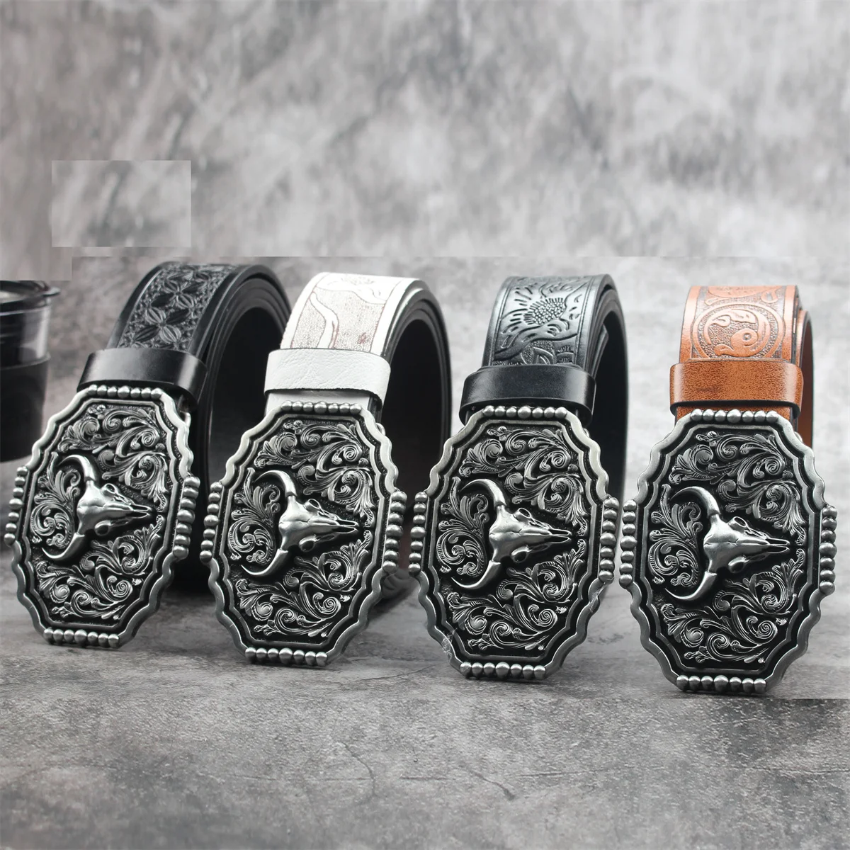 

Black Head Big bull head 3.7cm wide men's and women's Western bull head denim style bull scalprendy belt smooth buckle