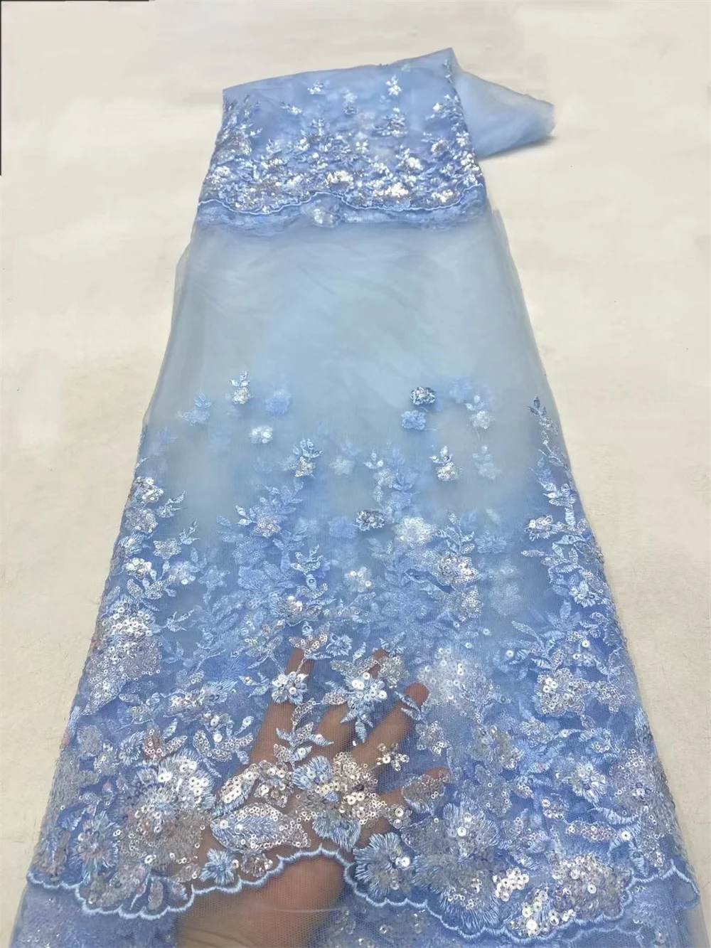 Sky Blue Sequence Lace Fabric 2024 High Quality Nigerian Lace Fabric 5Yard Embroidered Dubai New 2024 African Party Dress A716-1