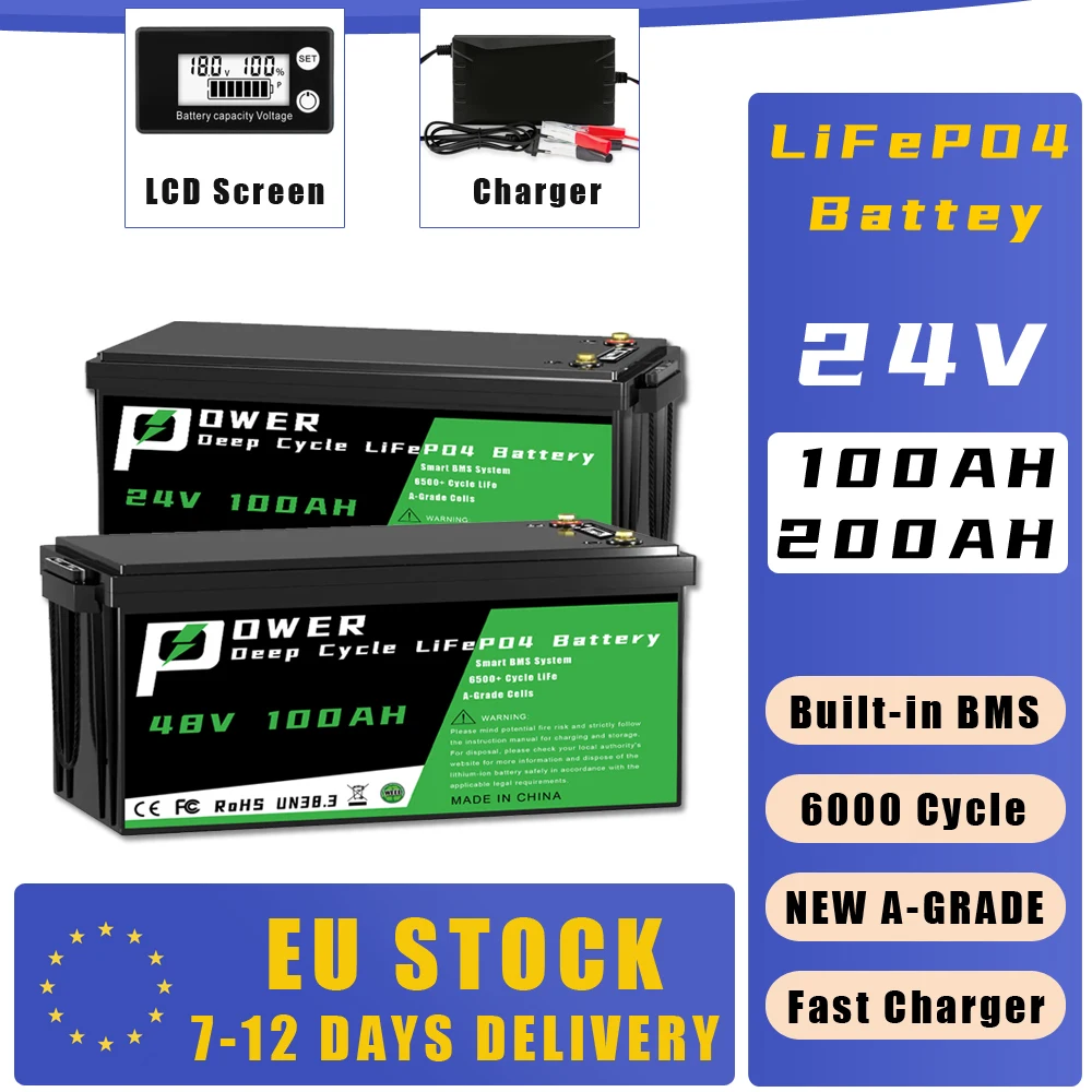 24V 100AH 200Ah 300Ah LiFePo4-Akku 25,6V Lithium-Eisenphosphat-Batterien Eingebautes BMS für