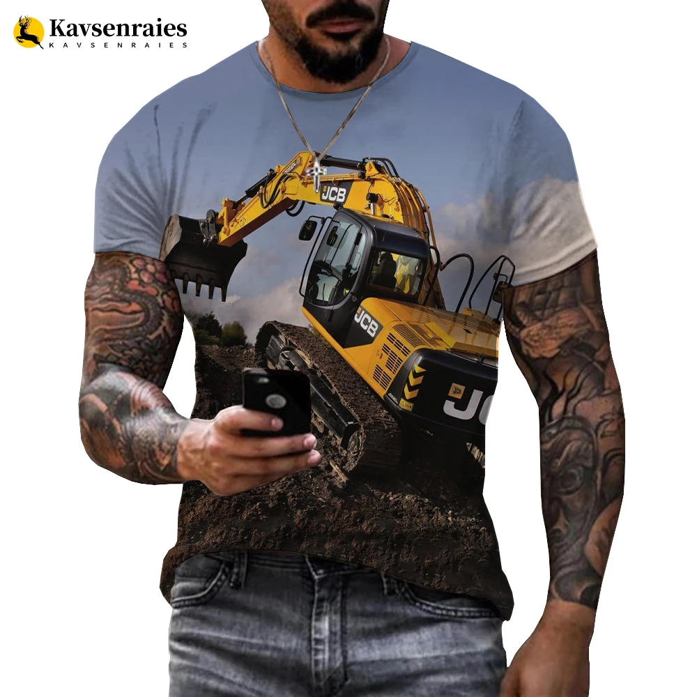 Máquina escavadora 3d t-shirts masculina moda verão casual t camisa pesada impressão 3d manga curta streetwear topos de grandes dimensões