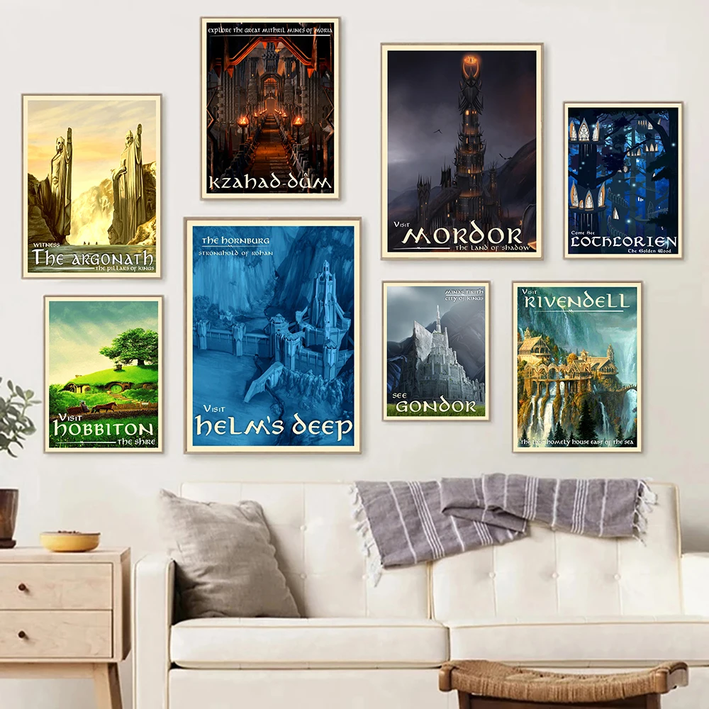 Vintage Travel Posters Middle Earth Lothlorien Mordor Illustration Prints Landscape Fantasy Literature Art Wall Pictures Decor