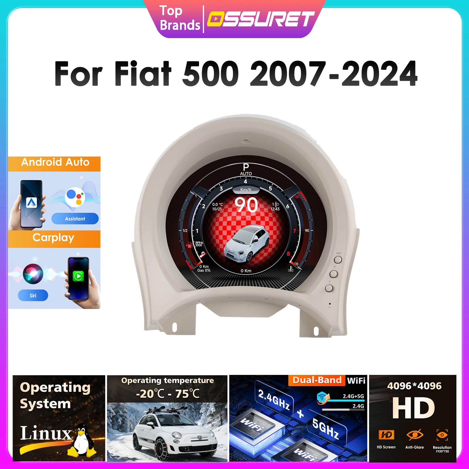 Digitales Auto-Armaturenbrett für Fiat 500 2007 2008 2009 - 2024, unterstützt Carplay, Android Auto, WIFI, Tachometeranzeige, virtuelles Cockpit, Anzeigepanel
