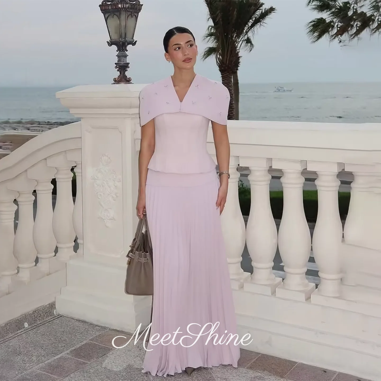 

Formal Pink Evening Gown Long Sleeve Prom Dress Customized Elegant Muslim Maxi Dress Mermaid Crystal Saudi Arabia Party Dress