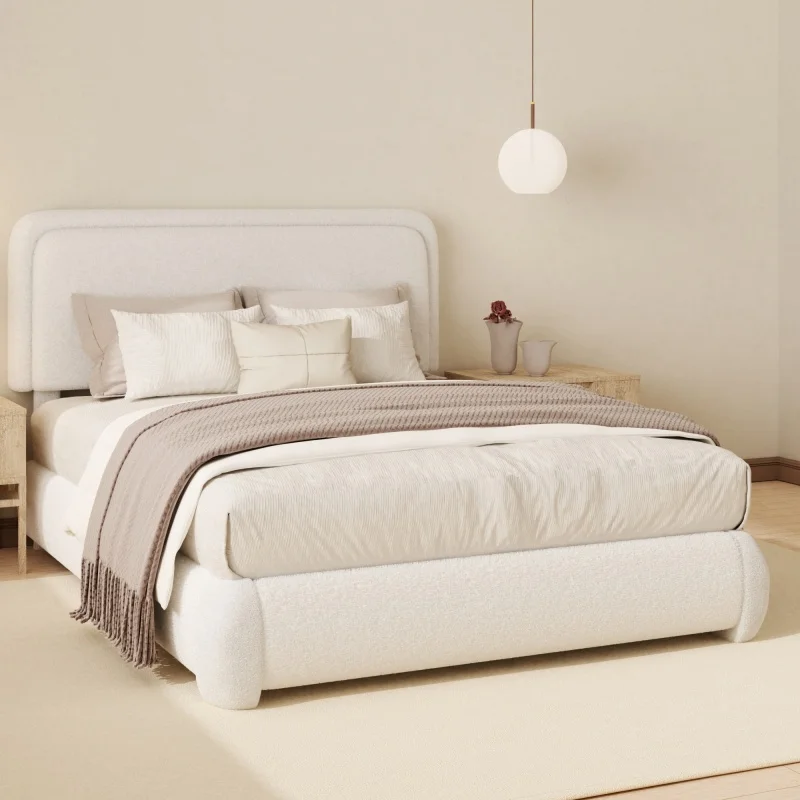 

！@Online E-commerce Bestseller Ships in 3 Days Soft Luxurious Boucle Fabric Upholstered Bed Frame for Home