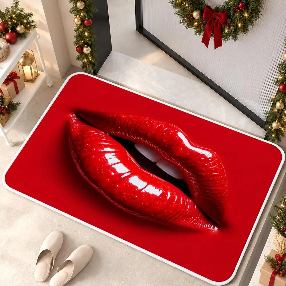 Glossy Red Lips Floor Mat Premium Flannel Bath Mat Anti-slip Cloud Feel Rug Durable Machine Washable Floor Carpet