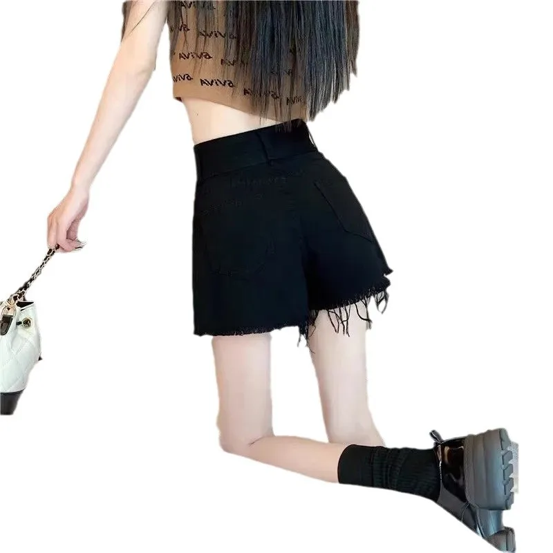 

Black Double-Buttoned Fringe Ripped Denim Shorts Women's High-Waisted Fashion Plus Size A- Line Heat Pants Cotton Blend Fabric