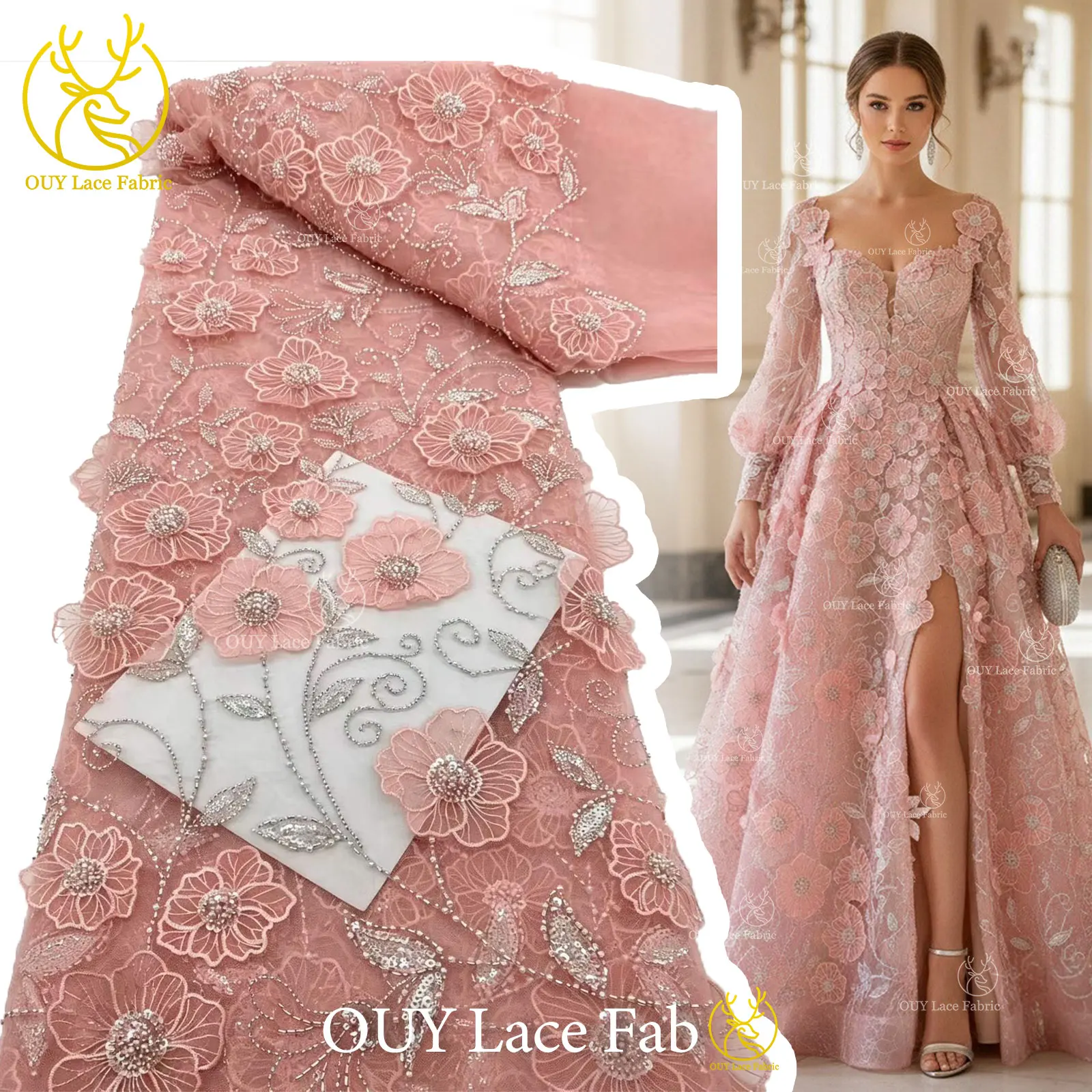 

Pink 3D Flower Embroidery Lace Fabric 2026 Hot Sale African Lace Nigerian Beaded Sequins Lace Fabric For Wedding Party Dress