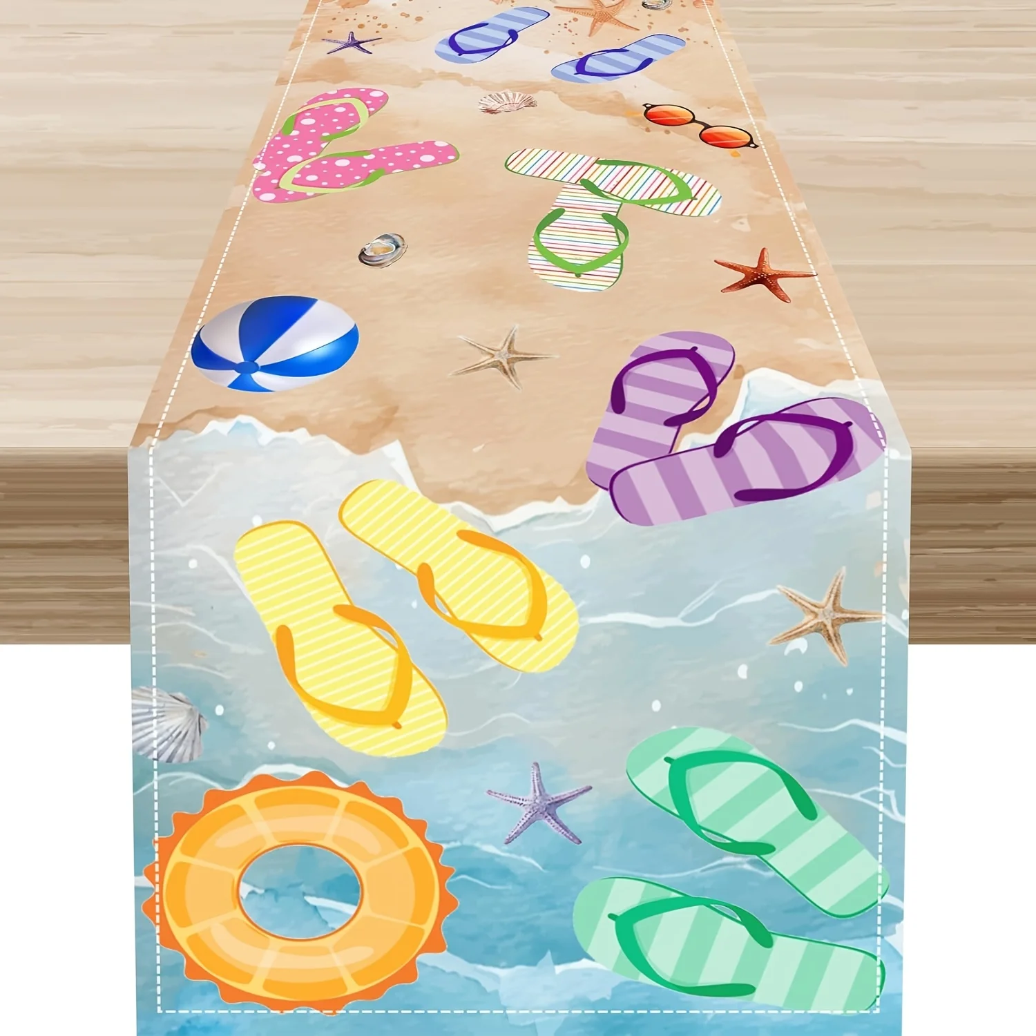 1pc Dokriy, Summer Beach Table Runner, Coastal Starfish Shell Flip-Flop Seaside Themed Summer Table Centerpiece Decoration
