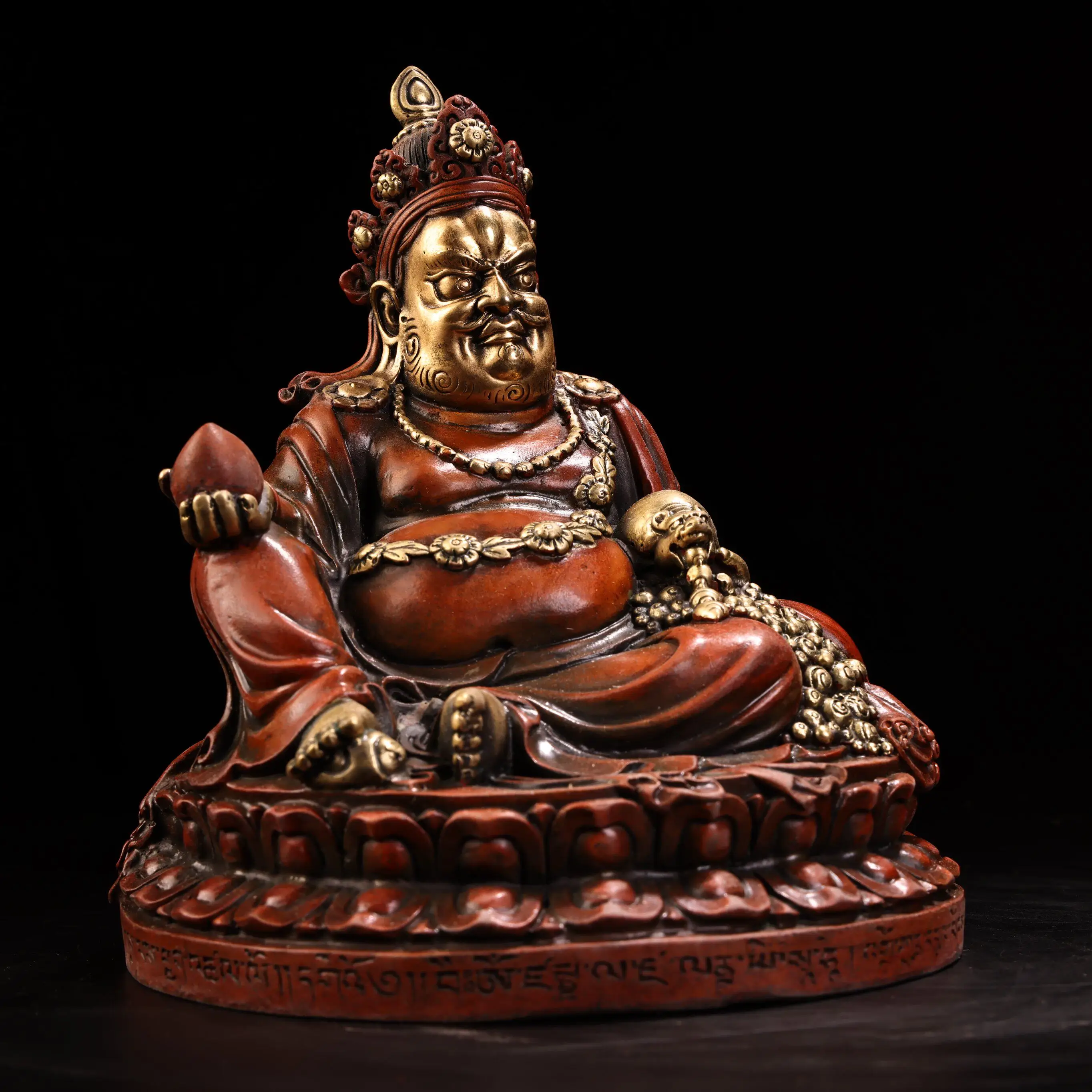 Old Copper High Relief Engraved Gilt Yellow Jambhala Statue Serene Face Heavy Patina
