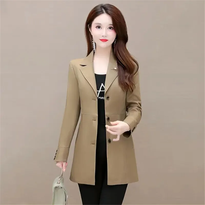 Spring Autumn Mid-Long Suit Jacket Women 2023 New Loose Blazer Vintage Coat Single-Breasted Outerwear Fashion Brooch Tops Female