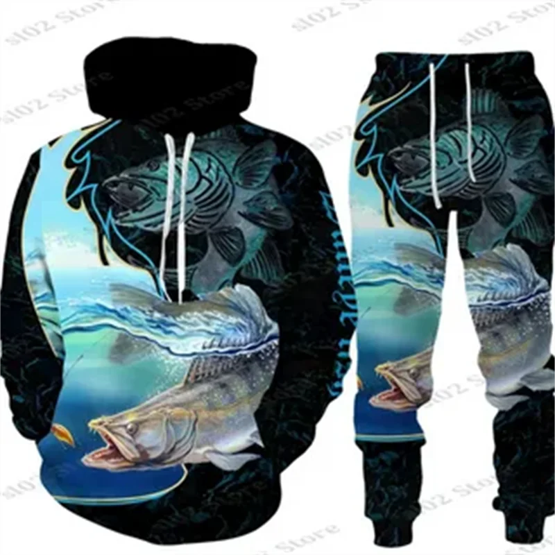 New Vintage Animal Fish Hoodie Set Men Tracksuit 3D Printed Casual Sweatshirt Pants Set Wygodna odzież uliczna Oversize Clothing