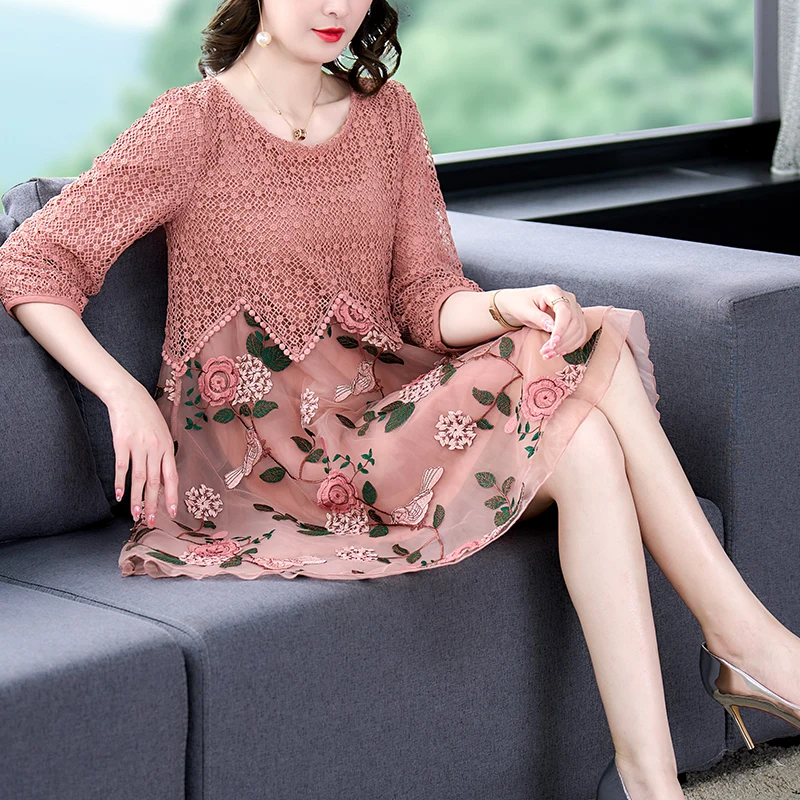 Women High Quality Pink Embroidery Natural Silk Midi Dress Summer Fashion Light Loose Dress 2024 New Korean Elegant Evening Robe