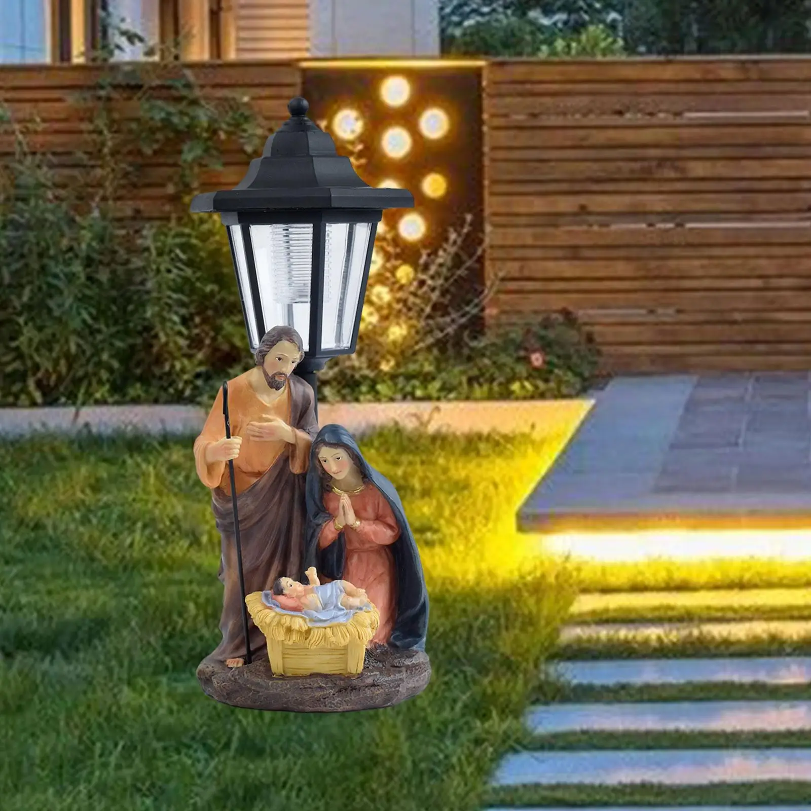 

Scene of The Holy Family Nativity Statue Figurine Landscape Lamp, Nightlight Solar Light, for Lawn Yard Outside Patio Courtyard