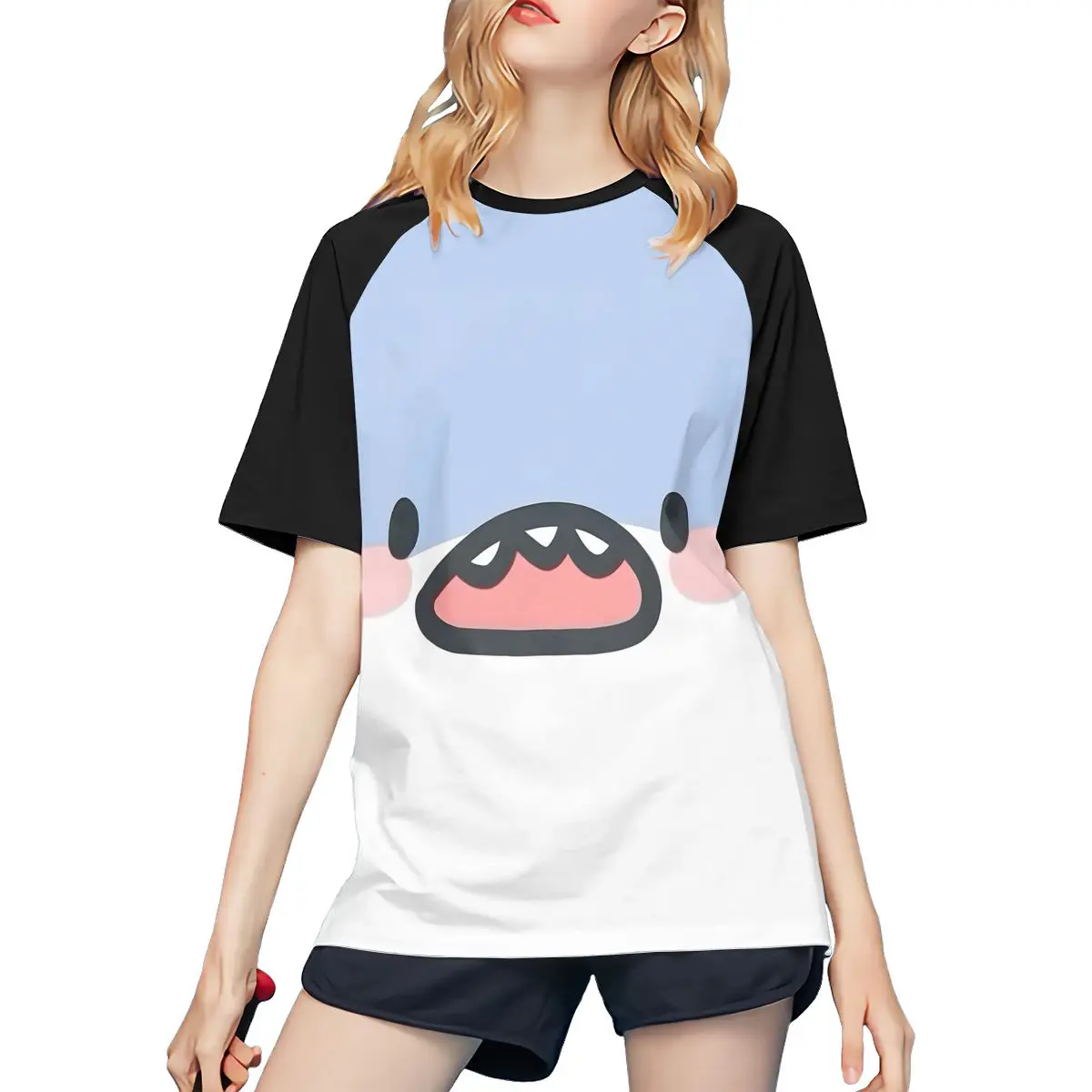 

Cute Small Shark Color blocking splicing shoulder insertion heavyweight pure cotton short sleeved T-shirt for women