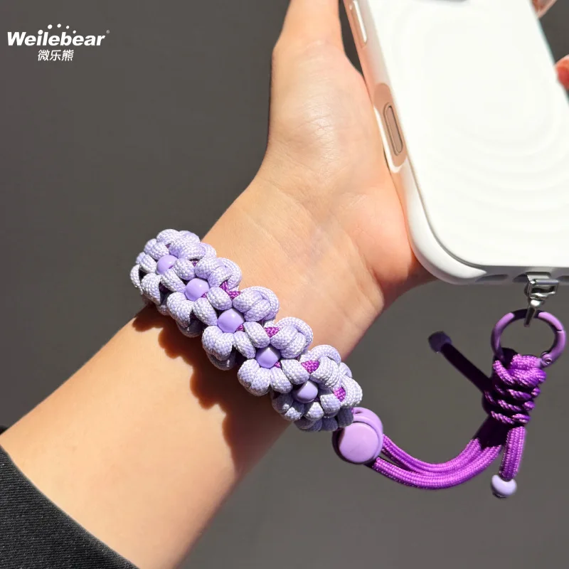 Outdoor Travel Anti-theft Mobile Phone Lanyard Bracelet Braided Flower Strong Camera Pendant with Metal Gasket Wristband Rope