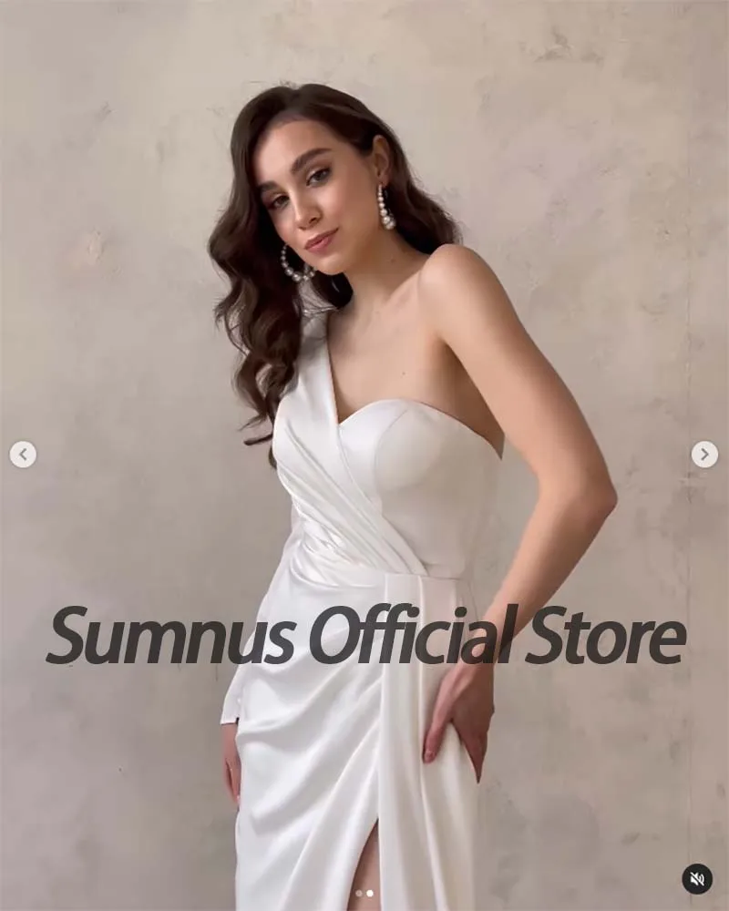 Sumnus branco um ombro vestido de casamento cetim alta fenda vestidos de noiva sem costas zíper elegante longo dubai vestidos de festa de casamento