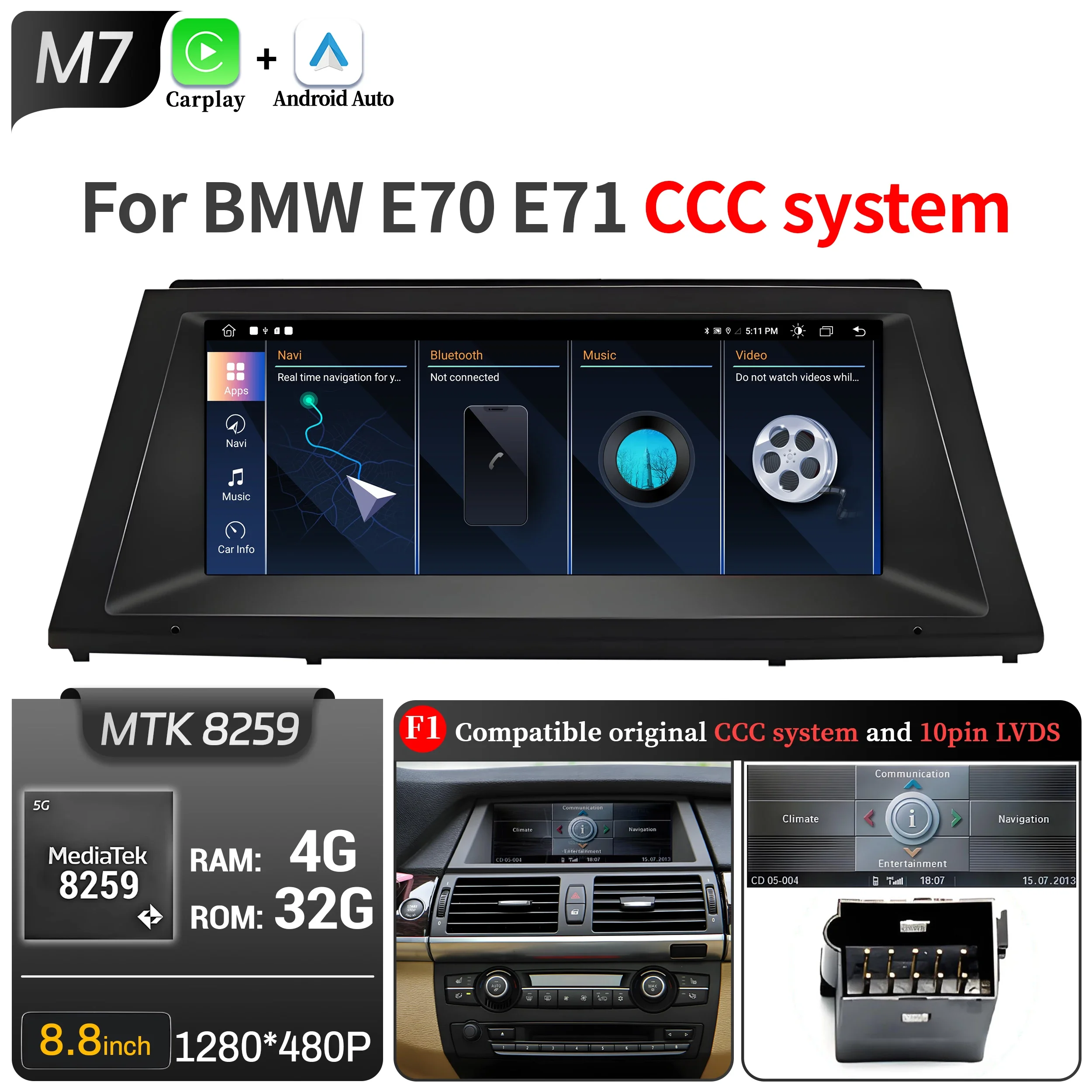 8.8 inch Android 13 Voor BMW X5 E70 X6 E71 E72 Autoradio GPS Draadloze BT Carplay Qualcomm Snapdragon 680 Head Unit Touchscreen - afbeelding 1