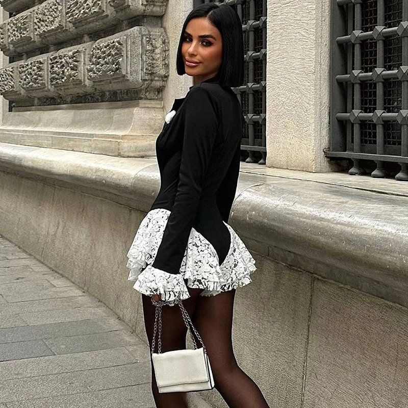 Tornova Seksowny kombinezon z głębokim dekoltem w kształcie litery V, koronkowy, damski, modny streetwear, rozszerzane długie rękawy, kombinezony, wysoki stan, wyszczuplający, damski, nowość 2025