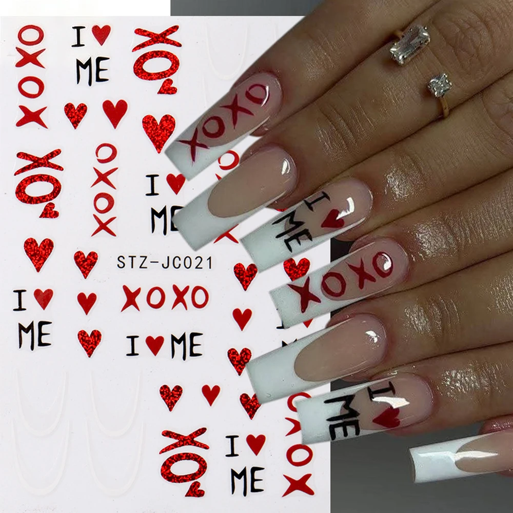1 Stück Französische Glitzer-Herz-3D-Nagelkunst-Aufkleber „I LOVE ME“, Valentinstag-Glanz, Liebesherz, Valentinstag, Maniküre, Kunst-Abziehbilder, Nagelzubehör
