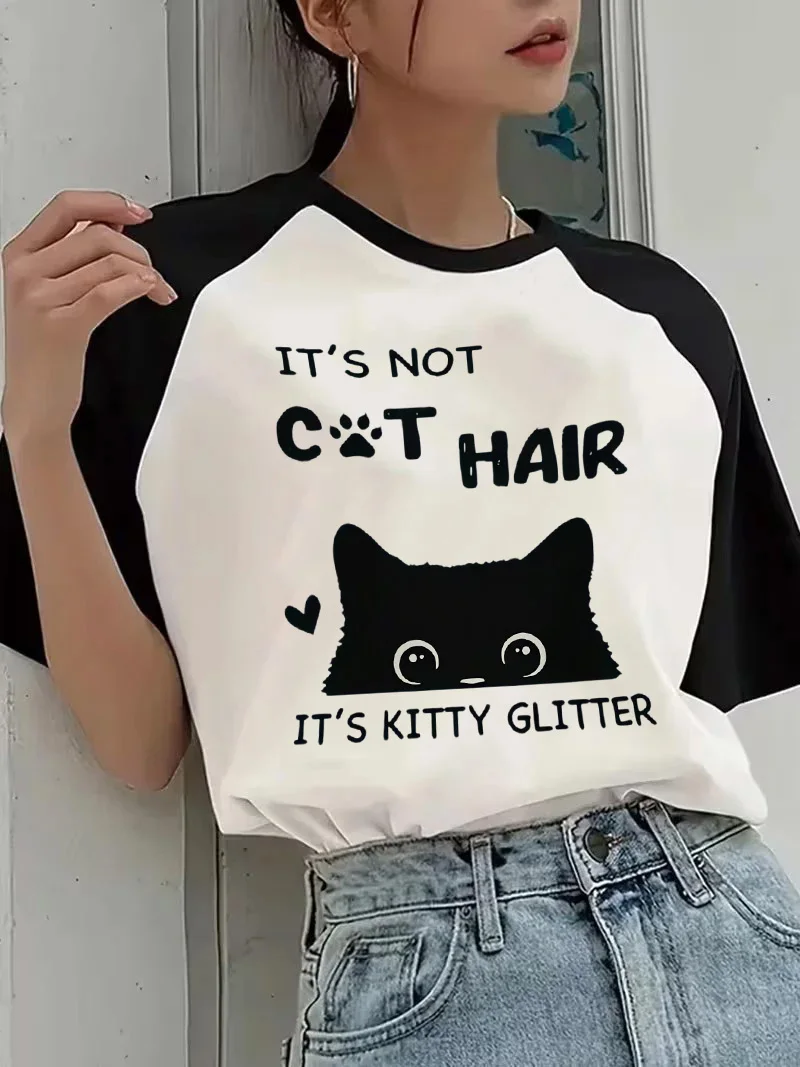 Lässige Grafik-T-Shirts mit Kätzchen- und Streifenmuster 90er Jahre Rundhals-T-Shirt Damen Vintage Katzen-Kätzchen-Print T-Shirt Kleidung