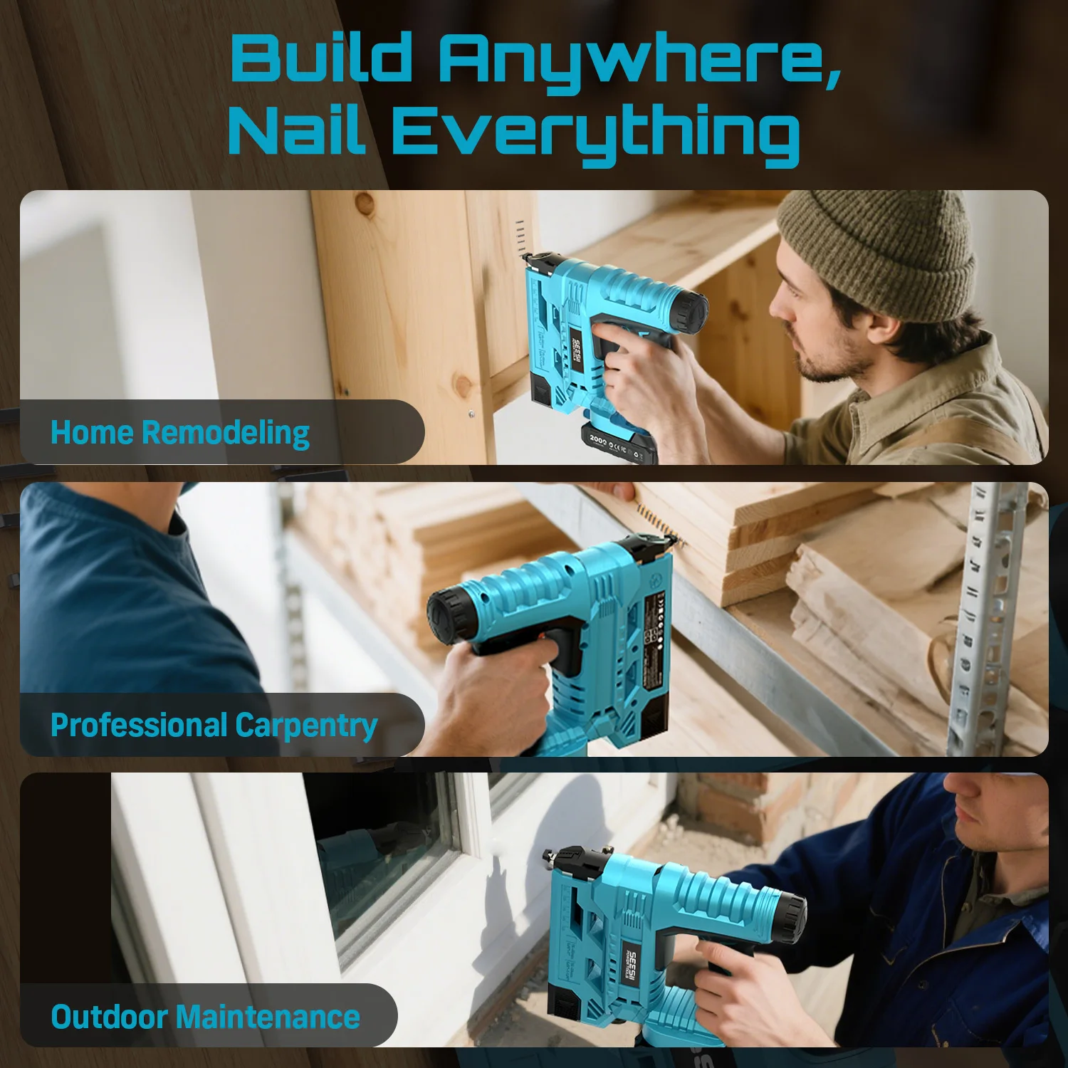 SEESII Electric Nail Gun Cordless 2 in1 18 Gauge Stapler Framing Nailer Tacker Woodworking Furniture Tool With 1000 Nails Power Tool 2.0 Battery Tacker Stapler Shooter Refurbishment Tools view 2