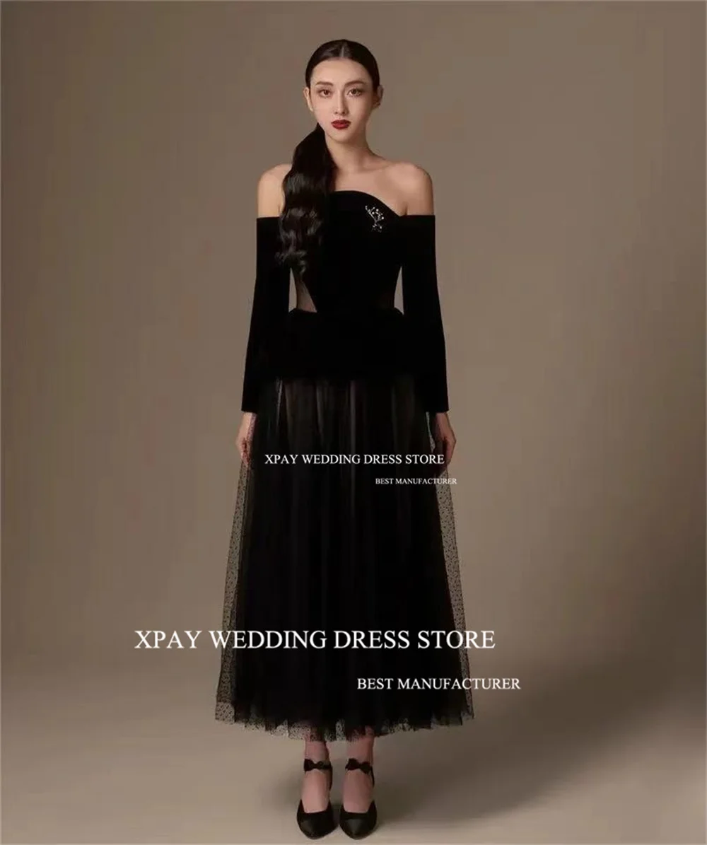 XPAY Black A Line Velvet Dotted Tulle Evening Party Dresses Off the Shoulder Long Sleeves Ankle Length Prom Gowns Event