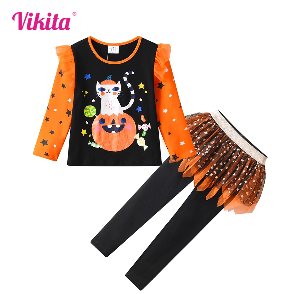 VIKITA Children Clothing Kids Halloween Festival Cosplay Costumes Girls Cartoon Print Tops Tees and Skirt Pants 2 Pcs Suit Set