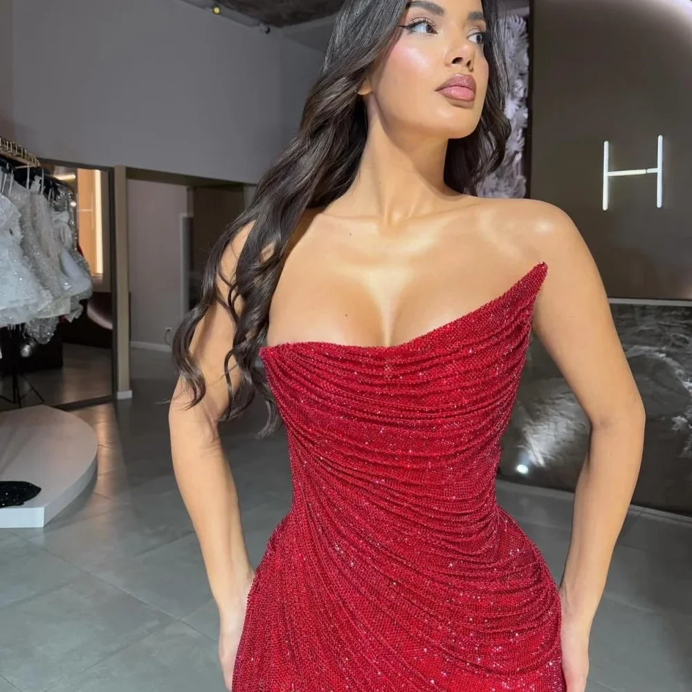 JDY Custom Red Heavy Handmade Beaded A-Line Side Slit Robe De Soirée Strapless Backless Party Dress Floor-Length Ball Gown