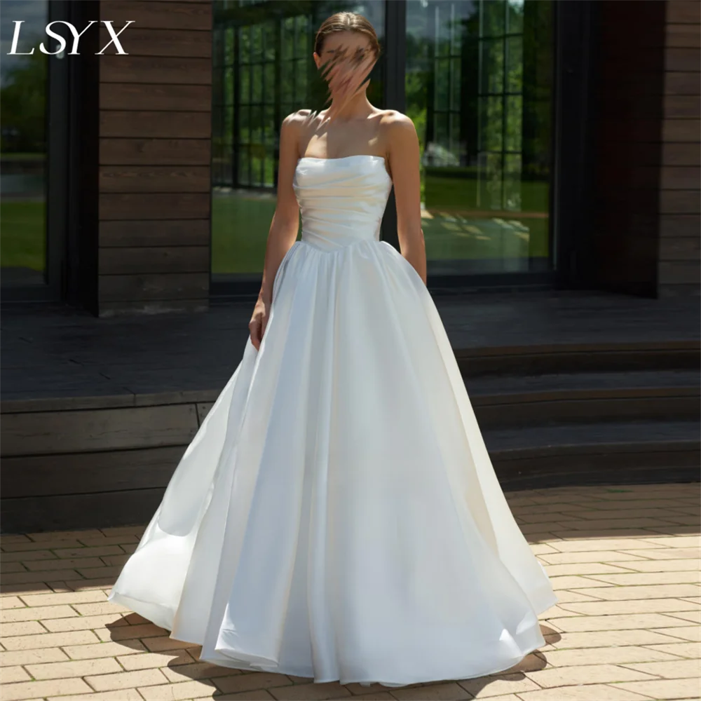 

LSYX Sleeveless Strapless Satin Pleats A Line Wedding Dresses Lace Up Back Floor Length Sweep Train Bridal Gown Custom Made