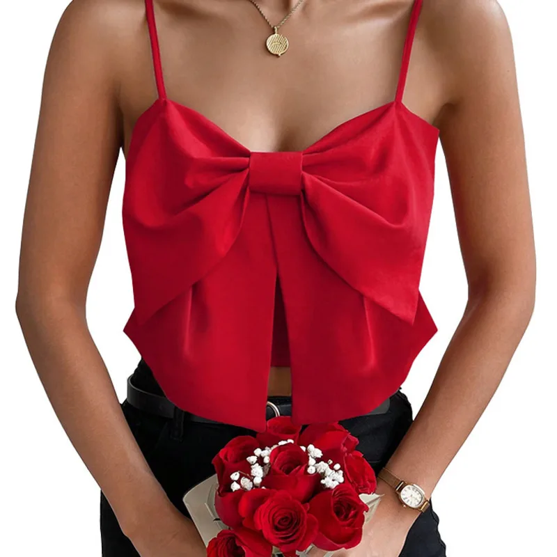 Red Bow Cami Top Women Sleeveless Spaghetti Strap Back Smocked Crop Tank Blouse Summer Fashion Casual Party Streetwear Shirt