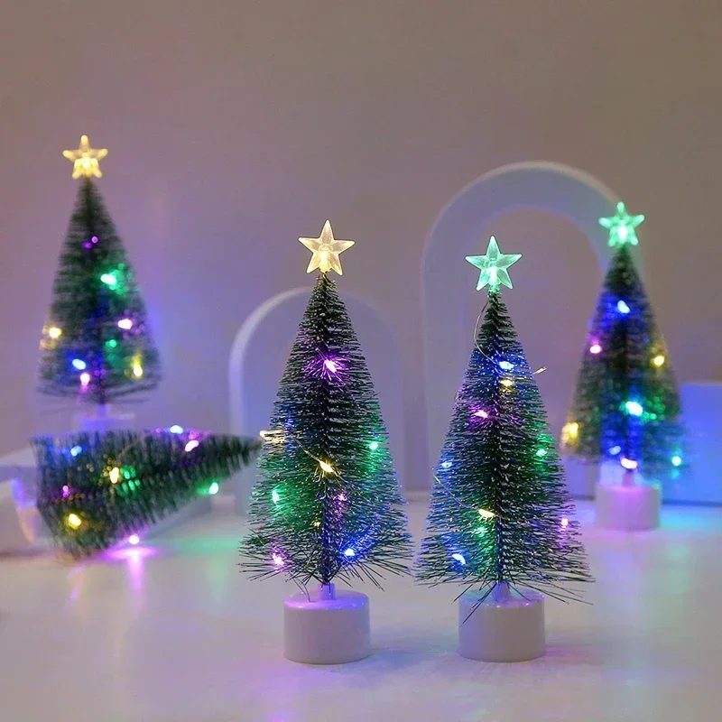 New Mini Christmas Trees with Colorful LED Light Decor Tabletop Crafting DIY Christmas Gift Green Trees Winter Ornaments