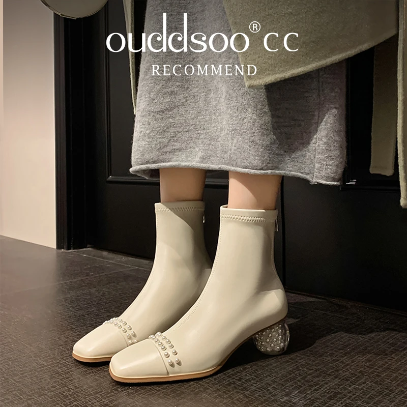 Ods جلد طبيعي الكاحل قطيع عالية الكعب الحديثة تمتد أحذية الشتاء أحذية دافئة اللؤلؤ مكتب سيدة غريبة نمط المرأة Bootie #4