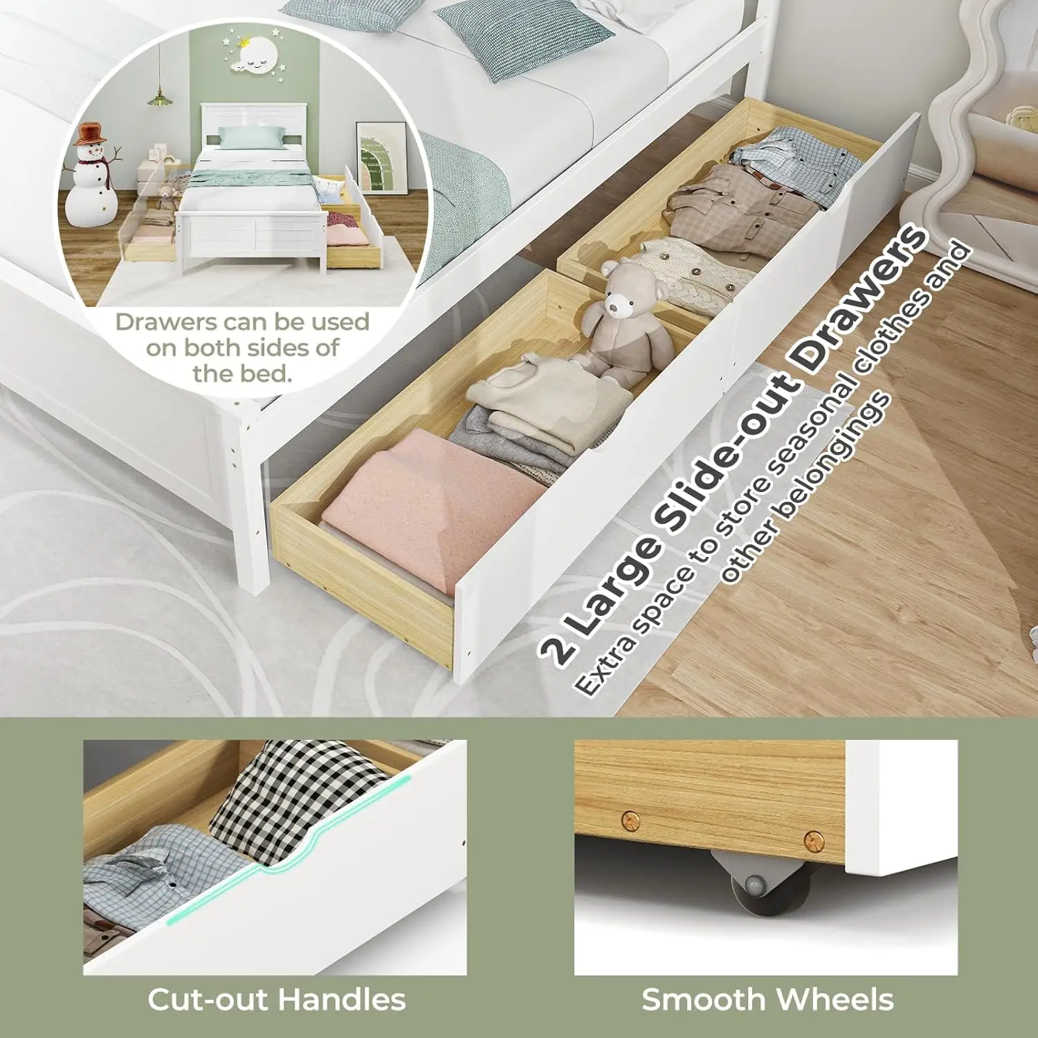 سرير خشبي مزدوج أبيض مع درجين، إطار منصة صلبة، لا حاجة إلى زنبرك