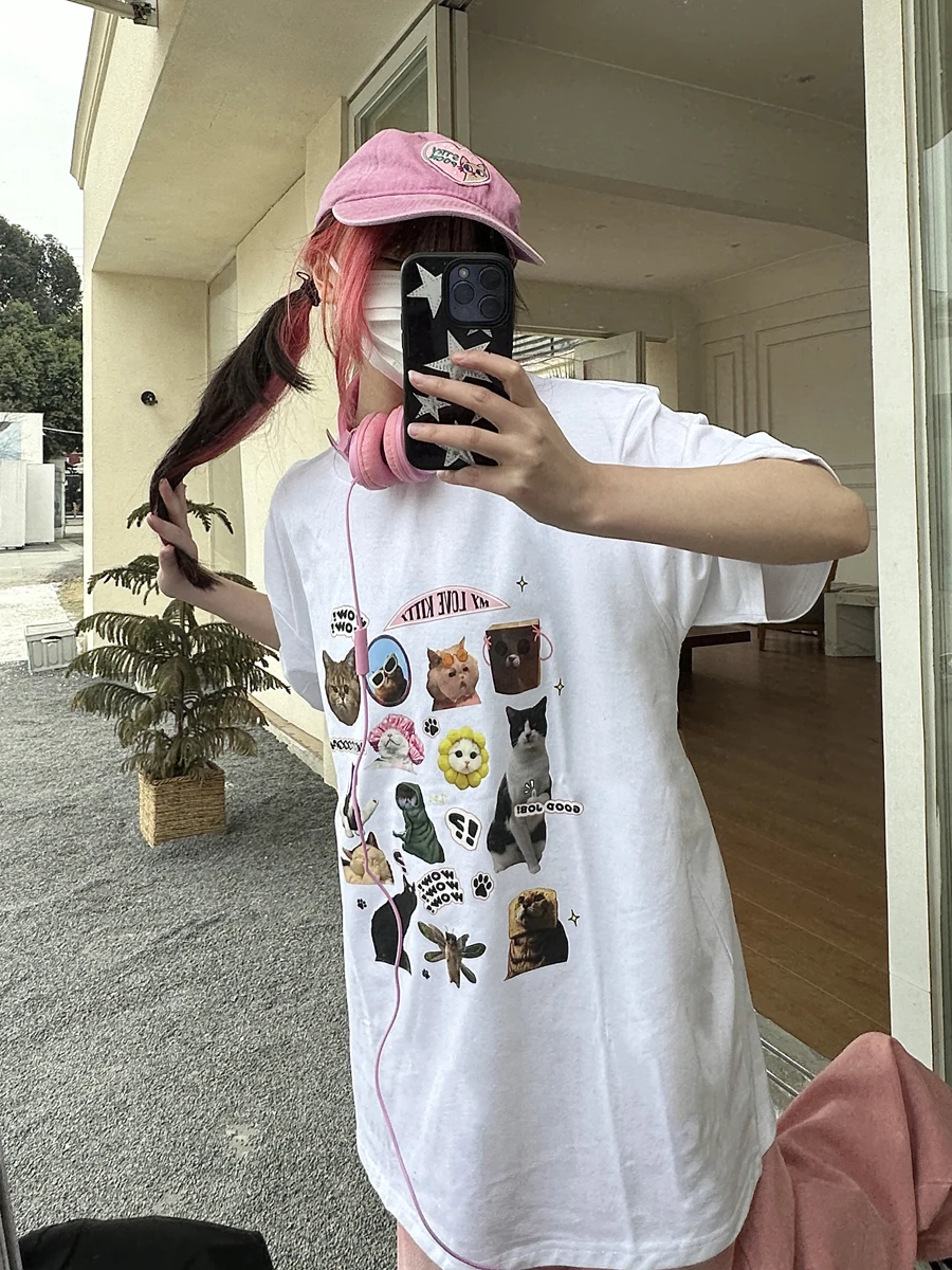 

Cute Retro Print Casual ort Sve T-irt 2023 Summer New Sle Versatile Trendy ex PU Material Girl Boy Love
