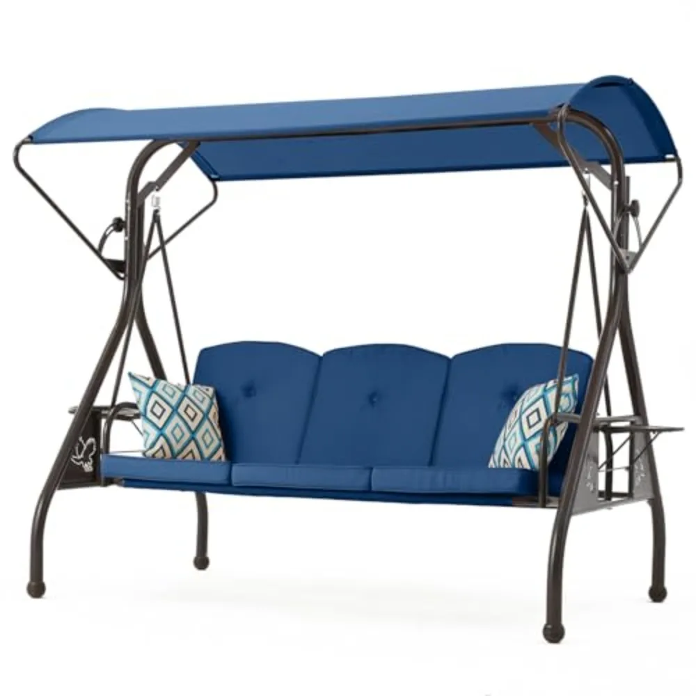 800LBS Patio Swing with Canopy 3 Seat Outdoor Porch Swing with Stand w/Cup Holder & Pillow Glider Chair Swing Bed for