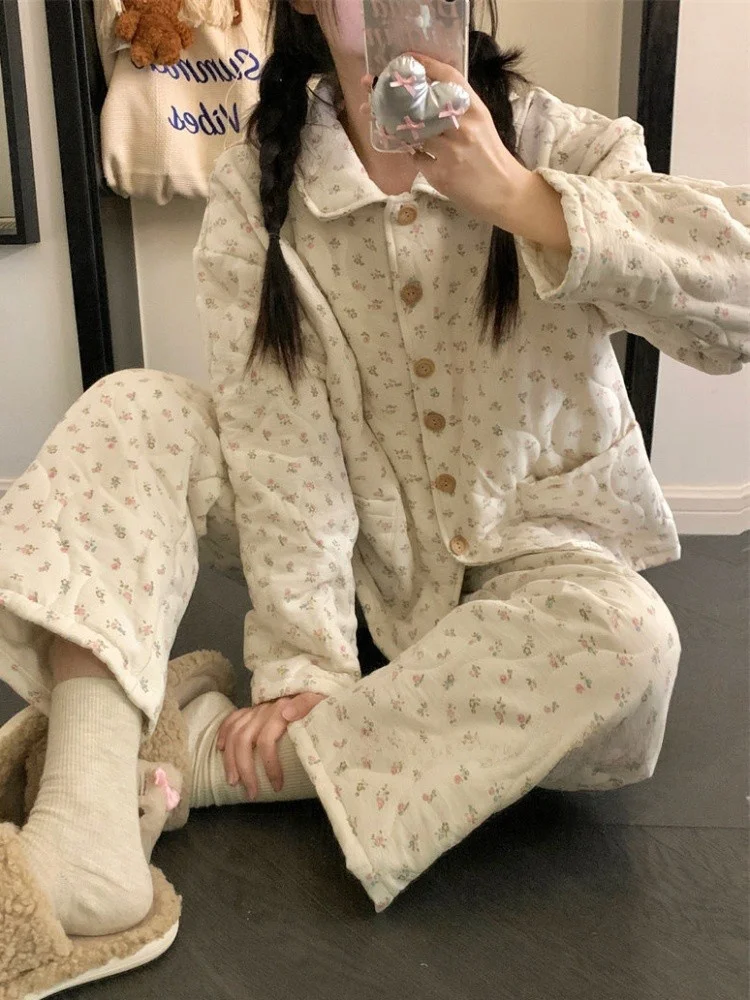 Thickened Cotton Sleepwear Women's Long Sleeve Long Pants Home Clothes Set Sweet Floral Print Warm Home Fashion Winter Pyjamas
