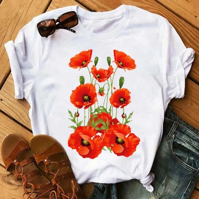 Fashion Red Poppy Women T Shirt Funny Black Printed Tops Tee Female Short Sleeve Tshirt Harajuku Tee Shirts 90s Girls T-shirts