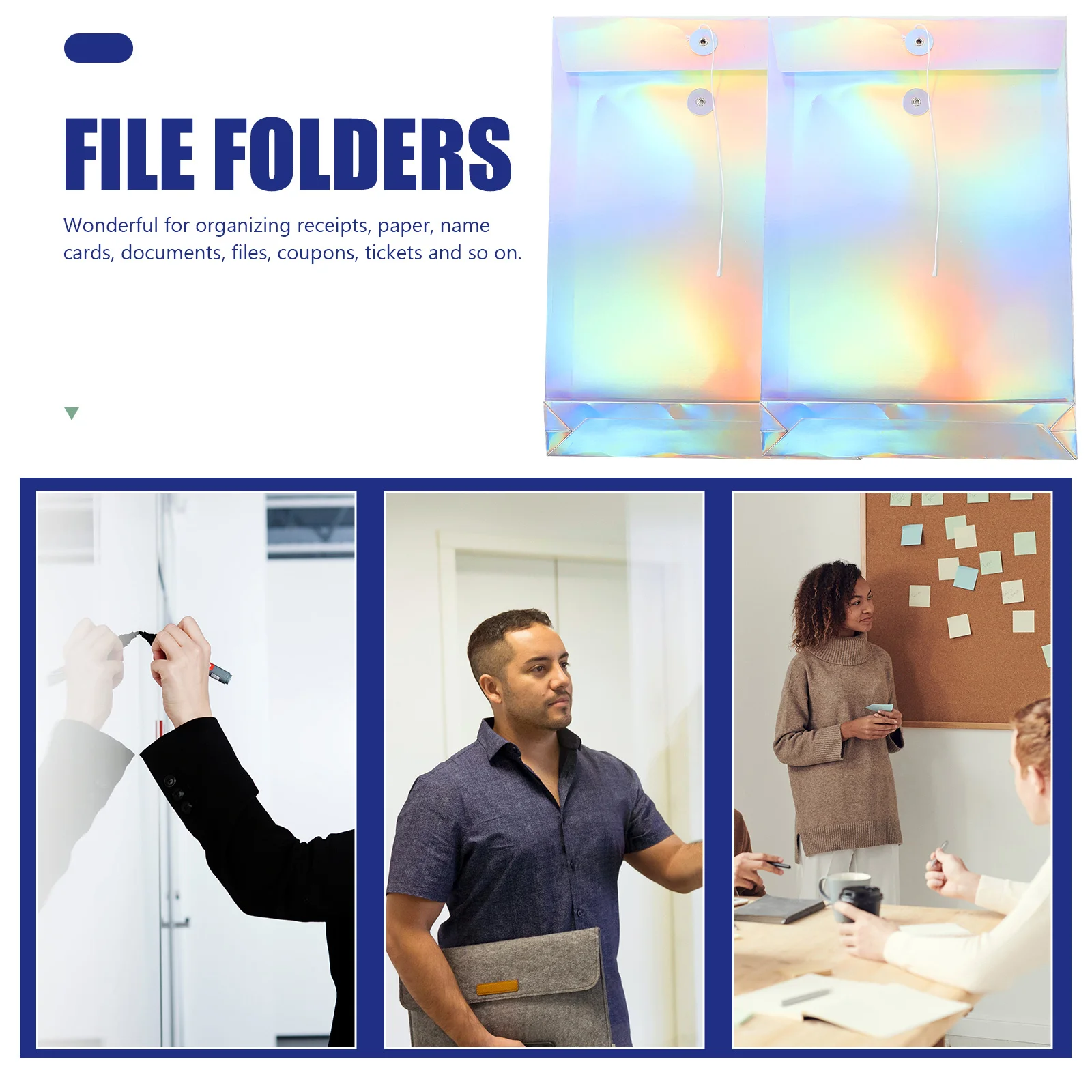 3Pcs Holographic File Folder Bags A4 Decorative Document Organizer Tie Closure File Storage Pouches Receipt Organizer Office
