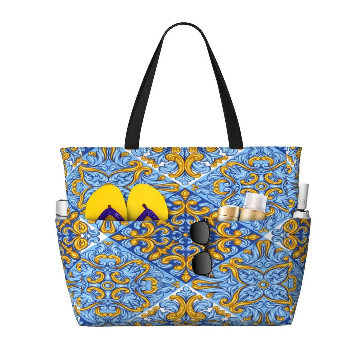 Bolso de viaje de playa de repetición de azulejos portugueses, bolso de mano, bolso de hombro deportivo de Compras de moda, patrón de múltiples estilos