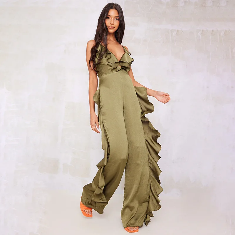 

Women's Onesie Deep V Suspender Wide-leg Jumpsuit Ruffle Edge Satin Backless Jumpsuit Women