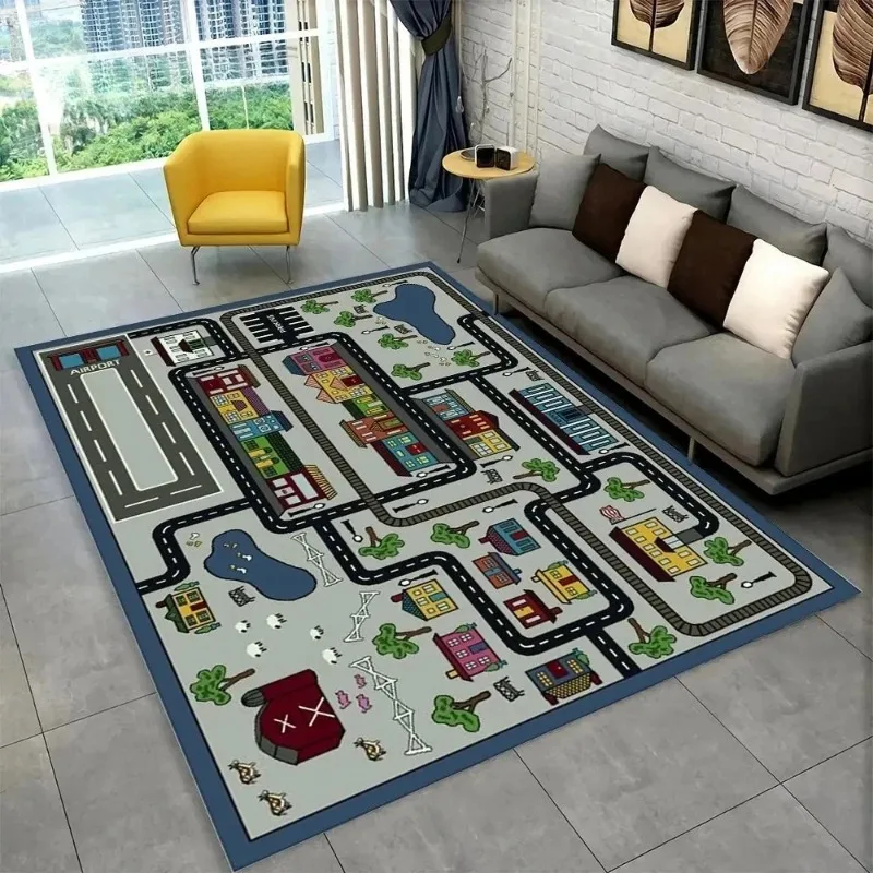 Child Playroom Floor Mat Highway City Traffic-Themed Carpet Rug for Kids Large Non-Slip Area Rug Ideal for Bedroom Home Decor