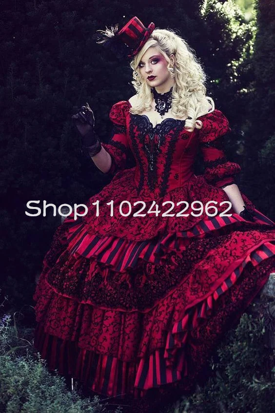 Masquerade Circus Ball Gown Wedding dresses Gothic Victorian Holiday black red Ruched customsized Bustle Corset Bridal Gown