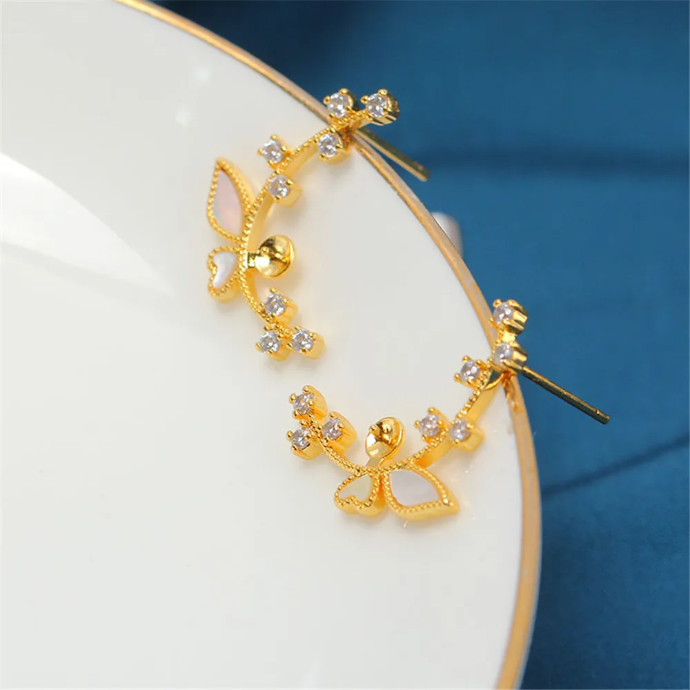 Domestic 14K Gold Wrapped Butterfly Zircon Garland Pearl Stud Earrings Accessories Ear Pins S925 Silver DIY Temperament Women