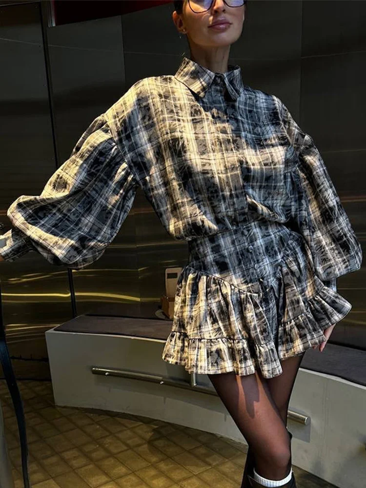 Puff Sleeves Single Breasted Shirt Flounce Skirt Woman Sets Turn-Down Collar Tartan Loose Top Puffy Plaid Skirt Casual Women Set